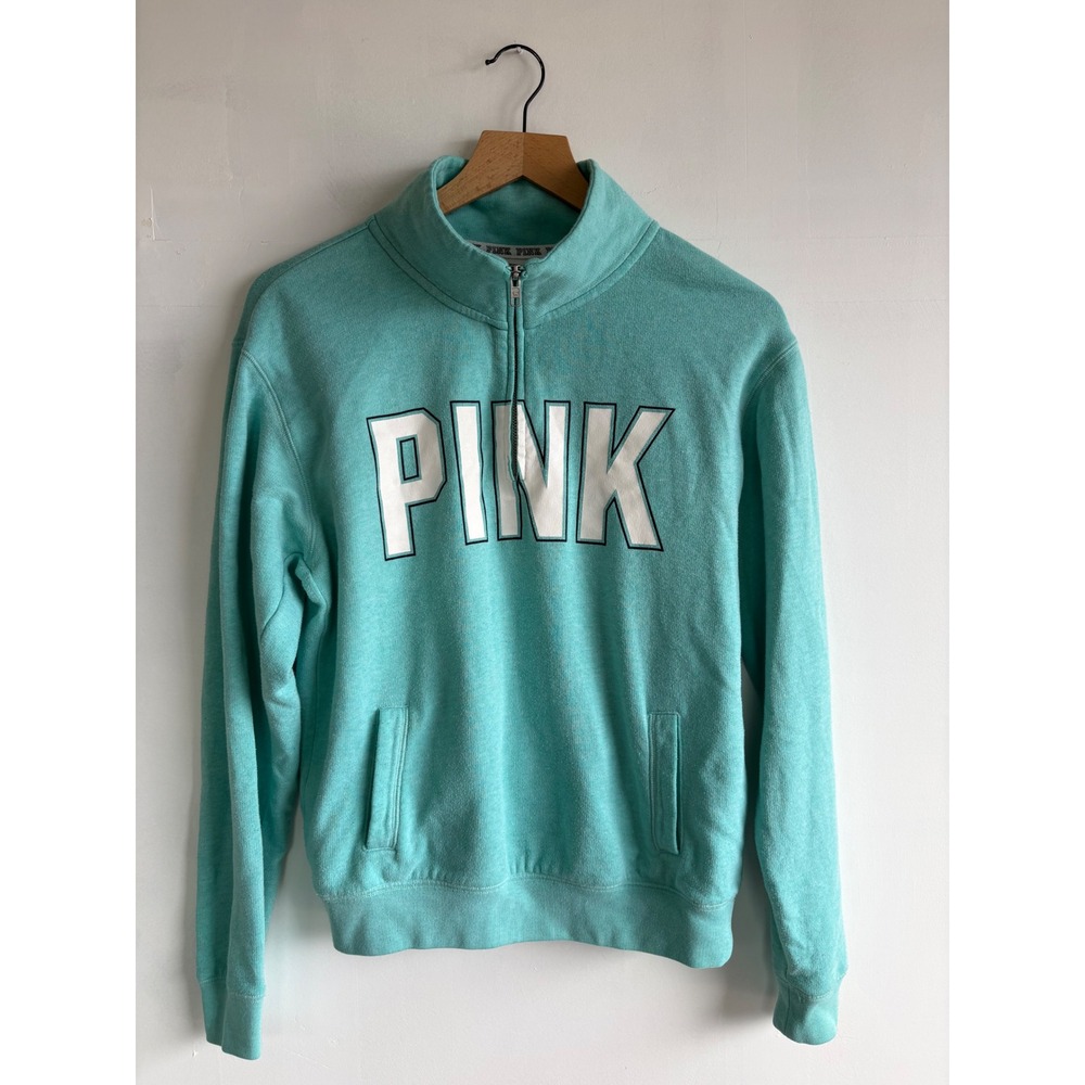 Pink Victoria's Secret Quarter Zip Pullover Sweatshirt Aqua Teal Logo Womens XS